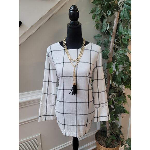 Liz Claiborne Blouse Women's Small White Black Windowpane Career Top Bell Sleeve - Picture 1 of 11